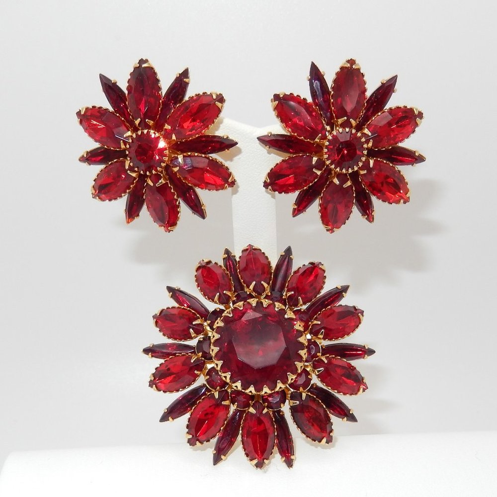 Vintage Signed Judy Lee Floral Brooch & Earring Set / Ruby Red Rhinestones